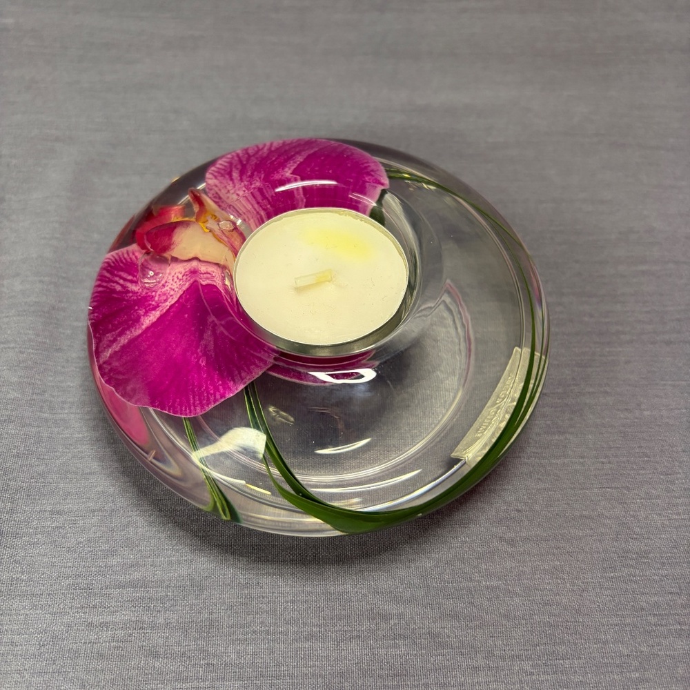 Emilio Robba Pink Orchid Flower Candle Holder Glass Paris NEW IN BOX